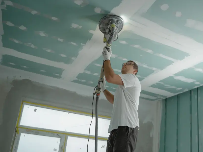 Plaquiste ponçant les joints d’un plafond en plaques de plâtre